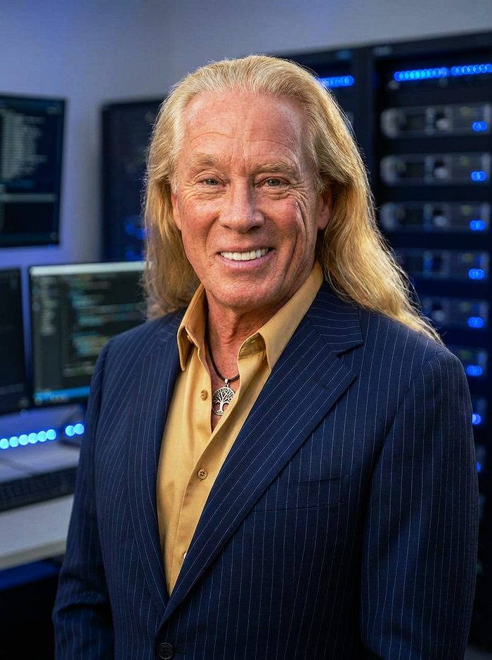 Juan Jose Piedra, standing in front of a rack of servers
